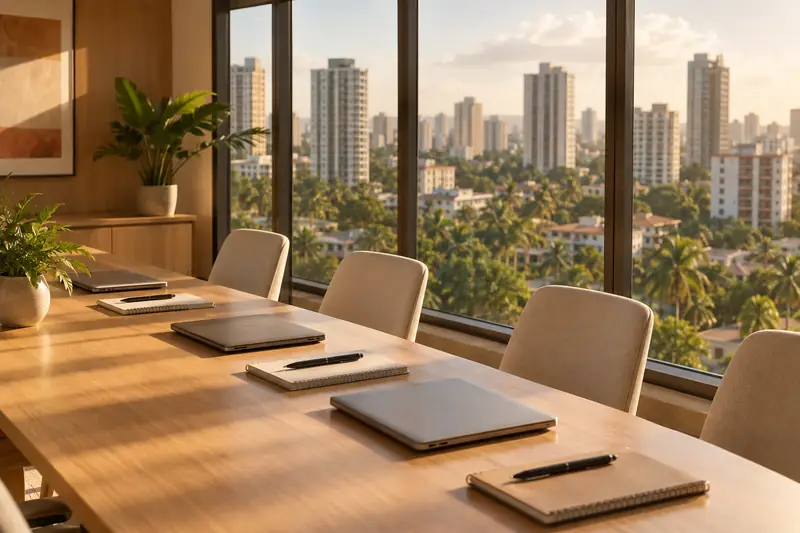 An empty seminar room with a long table facing tall windows over a blurred city skyline.