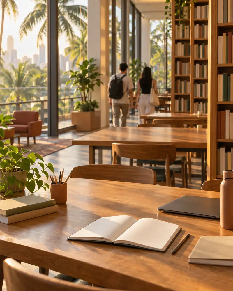 A sunlit study library with long timber tables and tall windows onto palm trees.
